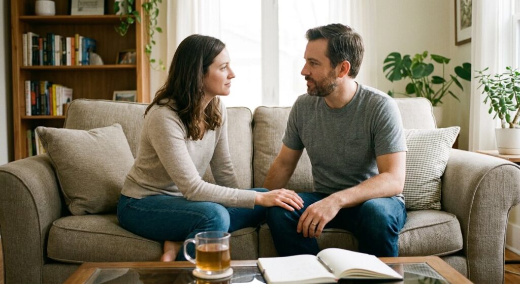 Comprendre le problème : ma femme ne veut pas que je regarde son portable 3 Couple assis sur un canapé discutant calmement pour rétablir la communication et la confiance
