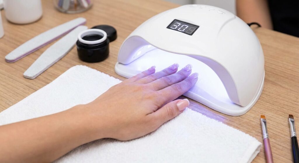 Main sous une lampe LED pour la catalyse des produits de manucure
