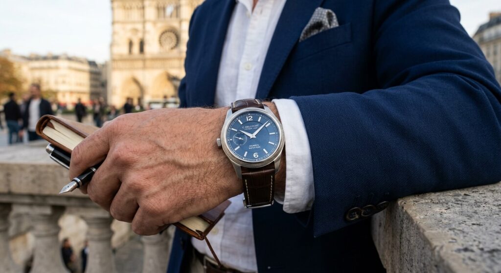 Une montre personnalisée unique portée au poignet, illustrant le succès d'une création personnalisée.