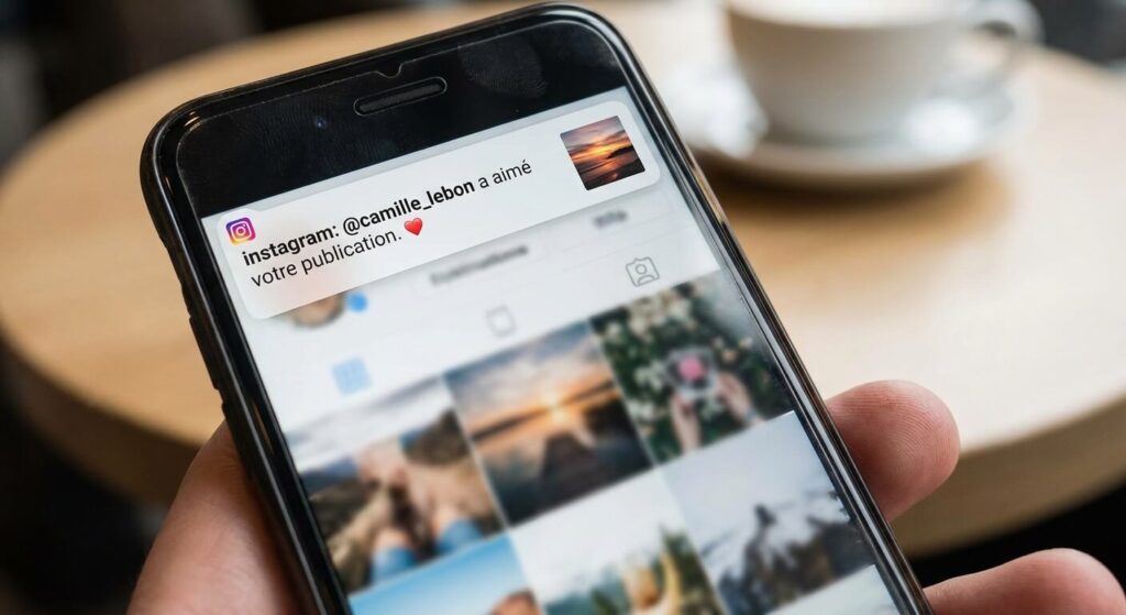 Gros plan sur l'écran d'un téléphone affichant une notification d'appréciation sur une publication
