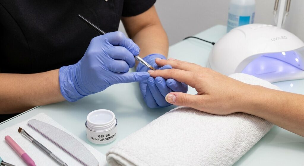Prothésiste ongulaire appliquant un gel de renforcement sur des ongles abîmés