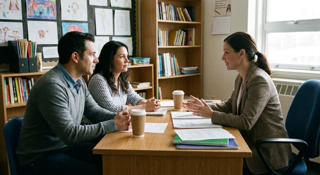 Parents et enseignante discutant calmement autour d'un bureau pour résoudre un différend