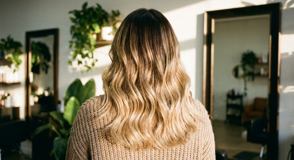 Résultat final lumineux d'une coloration en racine fondue avec un balayage blond