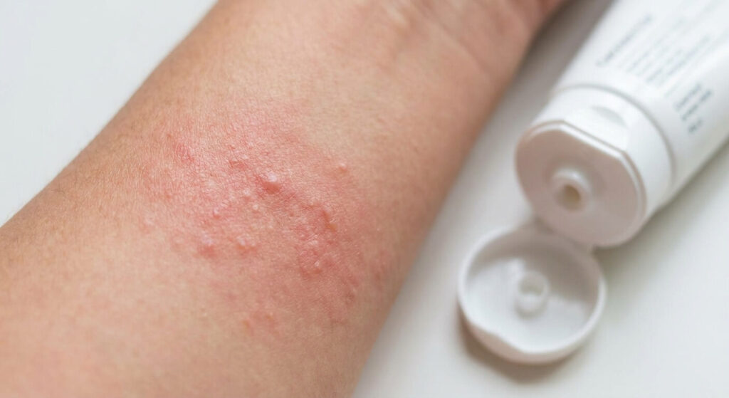Gros plan sur une rougeur cutanée apparue suite à une réaction allergique à un cosmétique