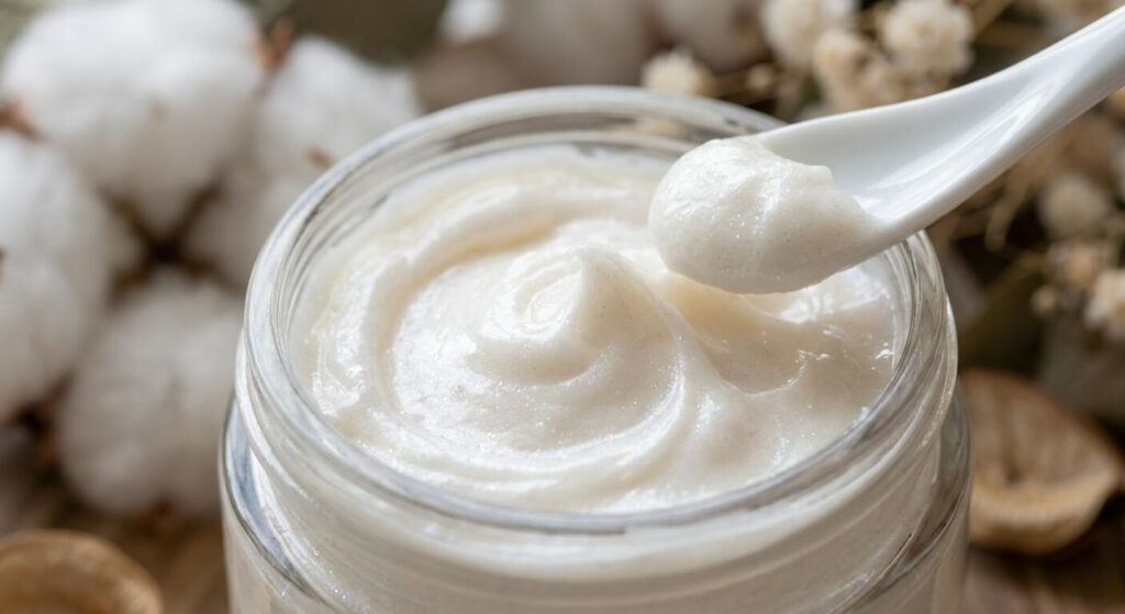 Gros plan sur la texture crémeuse et blanche d'un gel parfumant au musc déposé sur le doigt.