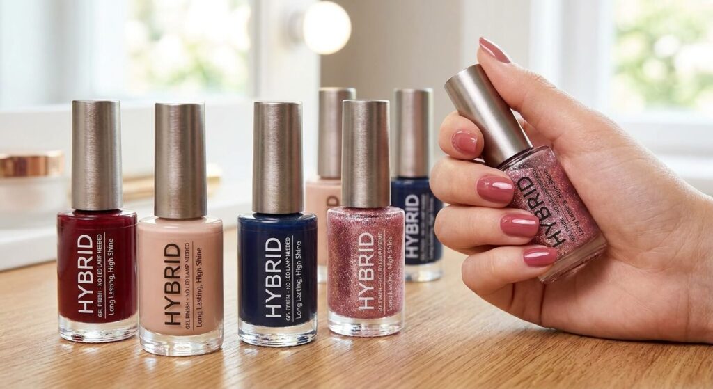 Flacons de vernis à ongles hybrides offrant un fini gel sans nécessiter de lampe LED