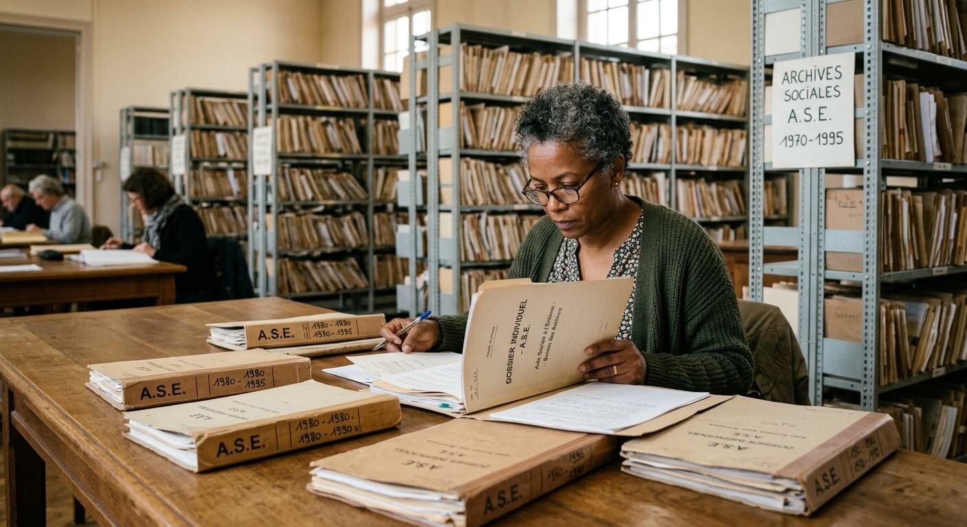 Personne adulte consultant des archives papier liées à l'Aide Sociale à l'Enfance