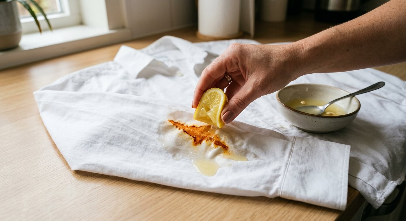 Application de jus de citron sur une marque d'oxydation orangée présente sur une chemise en coton blanc
