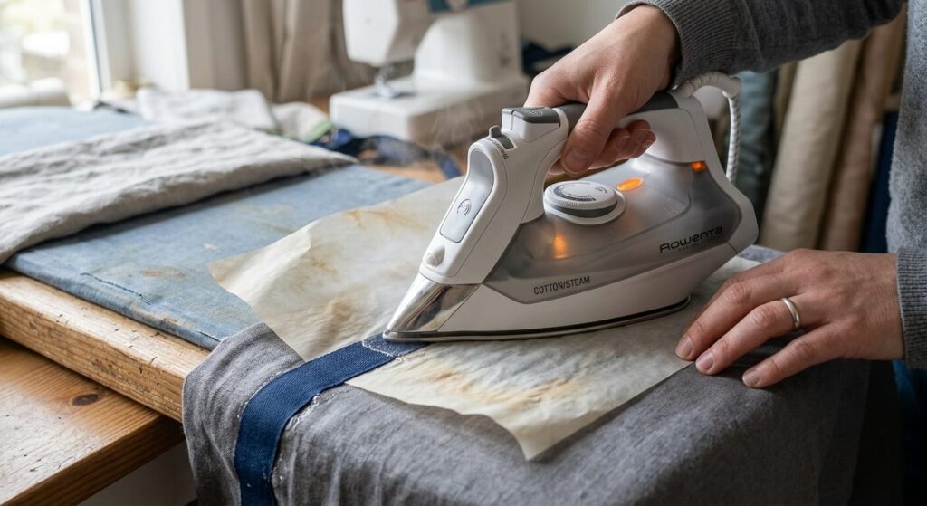 Utilisation d'un fer à repasser chaud sur du papier sulfurisé pour faire fondre la colle d'un ruban adhésif textile