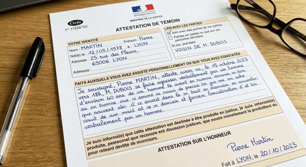 Formulaire officiel de témoignage pour un tribunal (Cerfa n°11526) rempli à la main.