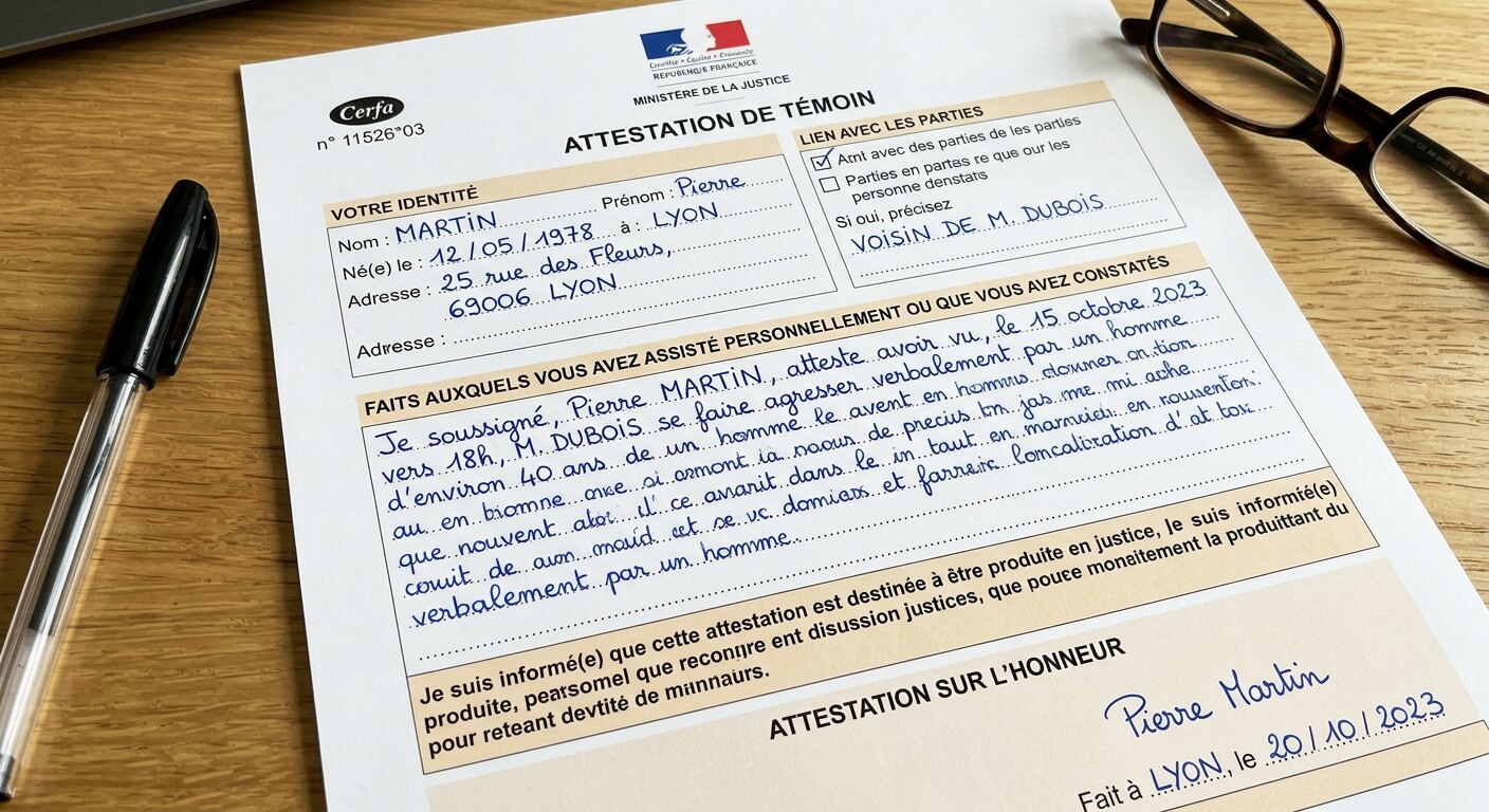 Formulaire officiel de témoignage pour un tribunal (Cerfa n°11526) rempli à la main.