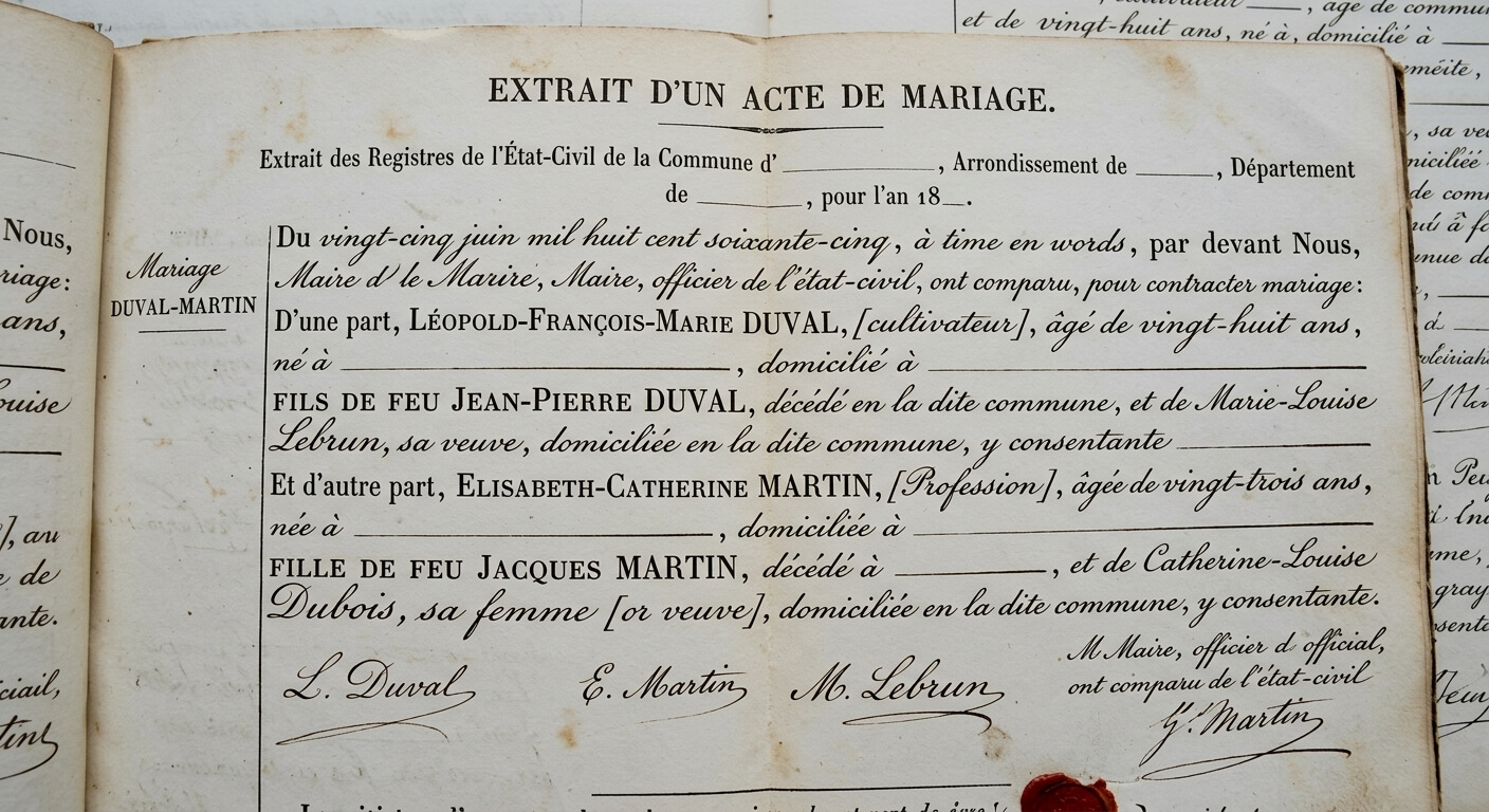 Extrait d'un acte de mariage ancien avec la mention "fils de feu" désignant un père décédé, exemple de document généalogique du XIXe siècle