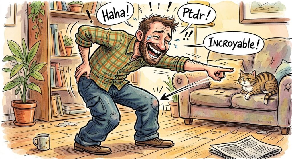 Illustration humoristique d'une personne riant de manière absurde en pointant son genou.