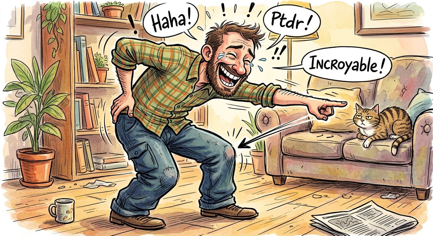 Illustration humoristique d'une personne riant de manière absurde en pointant son genou.