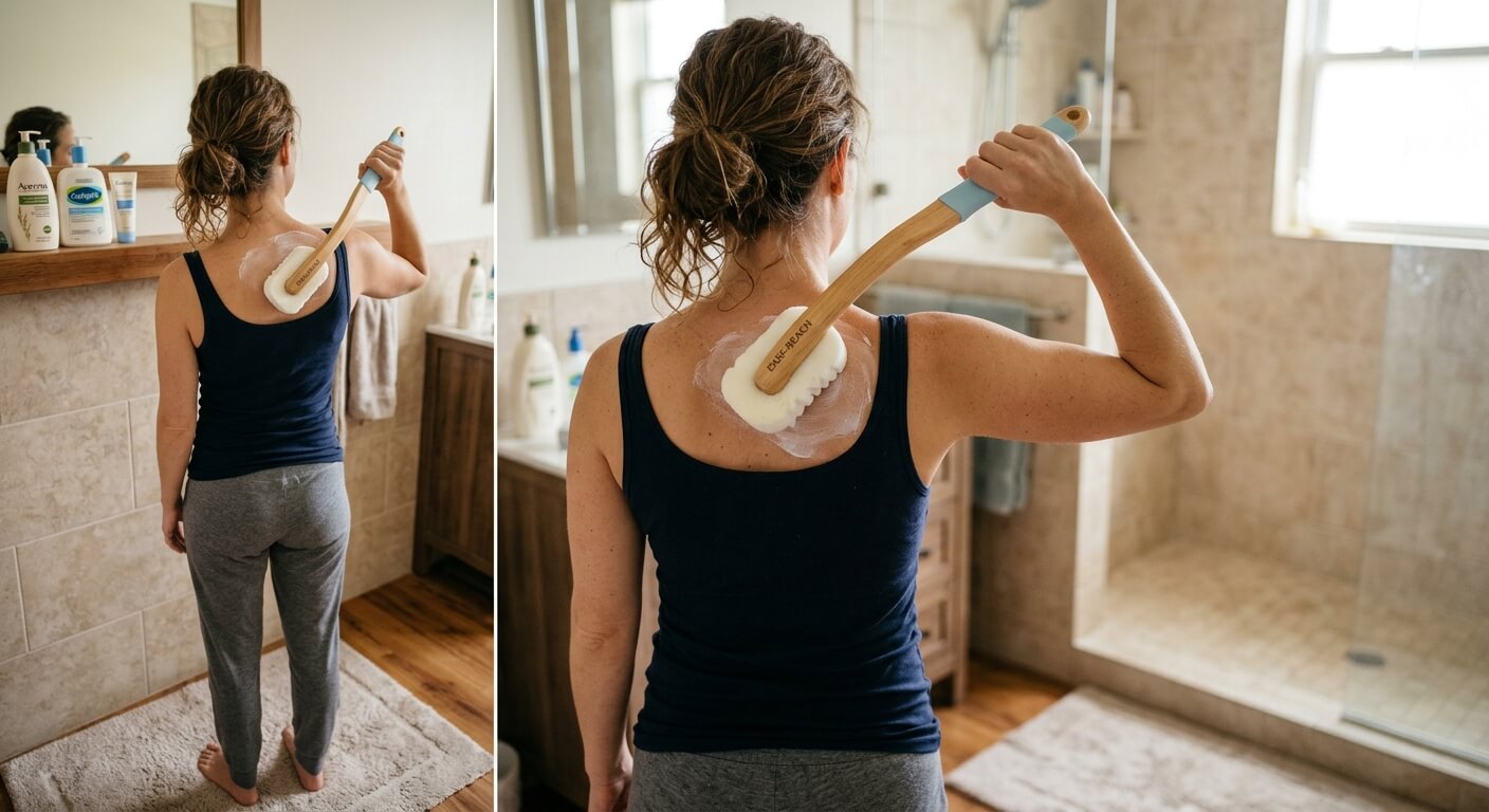 Utilisation d'un applicateur à manche ergonomique pour étaler de la crème hydratante dans le dos sans aide.