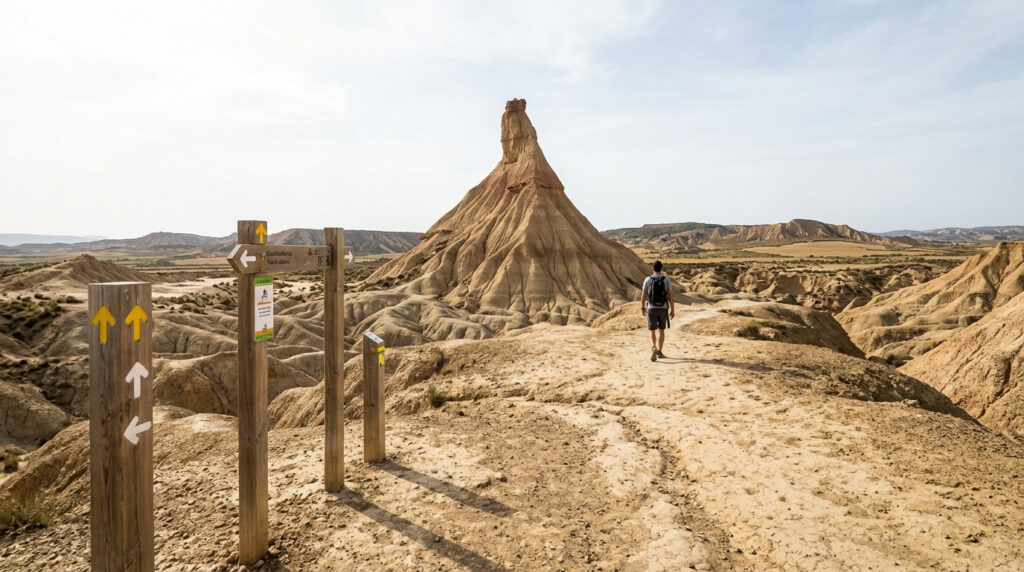 Sentier de randonnée balisé menant au castildetierra dans le désert des Bardenas Reales sans guide.