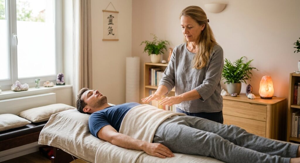 Praticien effectuant une imposition des mains à distance au-dessus du corps d'un patient.
