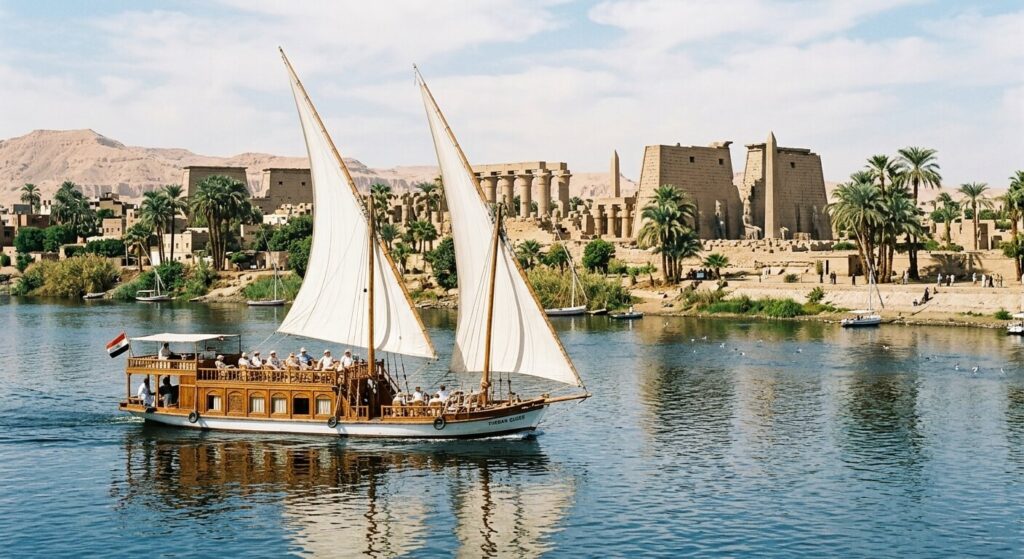 Croisière sur le Nil : quels sont les véritables dangers et comment les éviter ? 2 Bateau de croisière traditionnel naviguant sur le Nil à proximité des temples de Louxor.