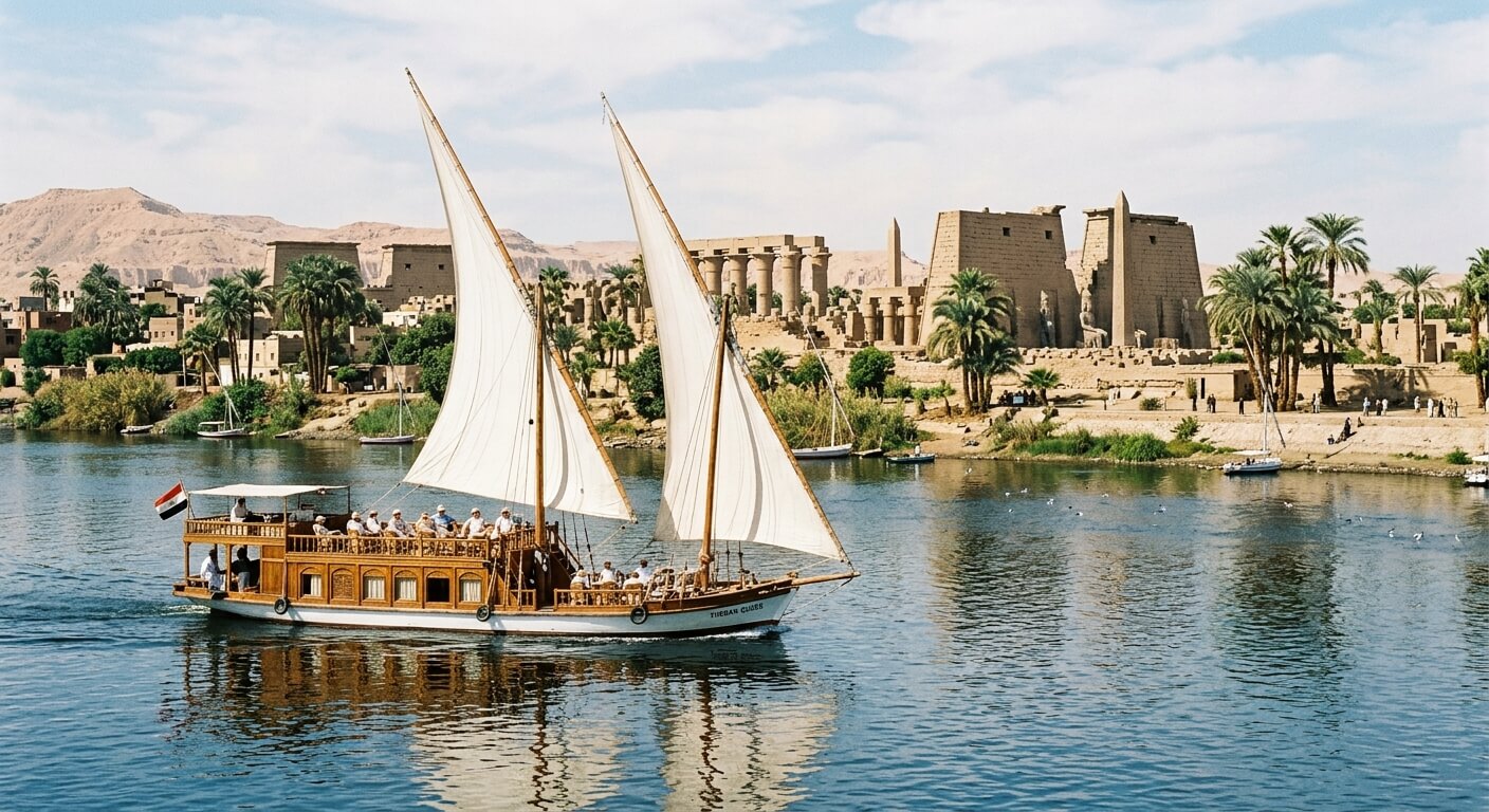 Bateau de croisière traditionnel naviguant sur le Nil à proximité des temples de Louxor.