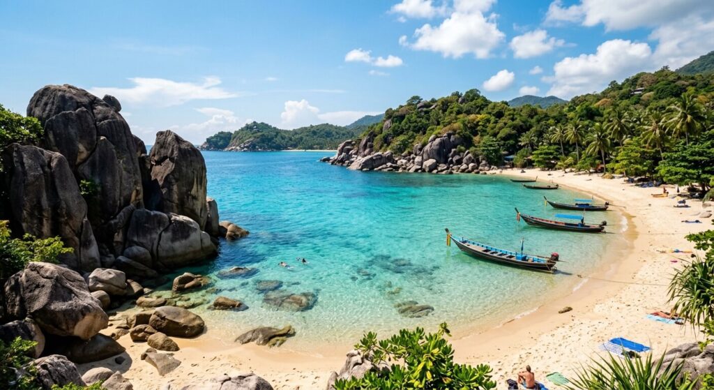 Koh Tao est-elle vraiment dangereuse : mythe ou réalité sur l'île de la mort ? 2 Plage tropicale de Koh Tao avec ses rochers de granit caractéristiques et ses eaux turquoise.