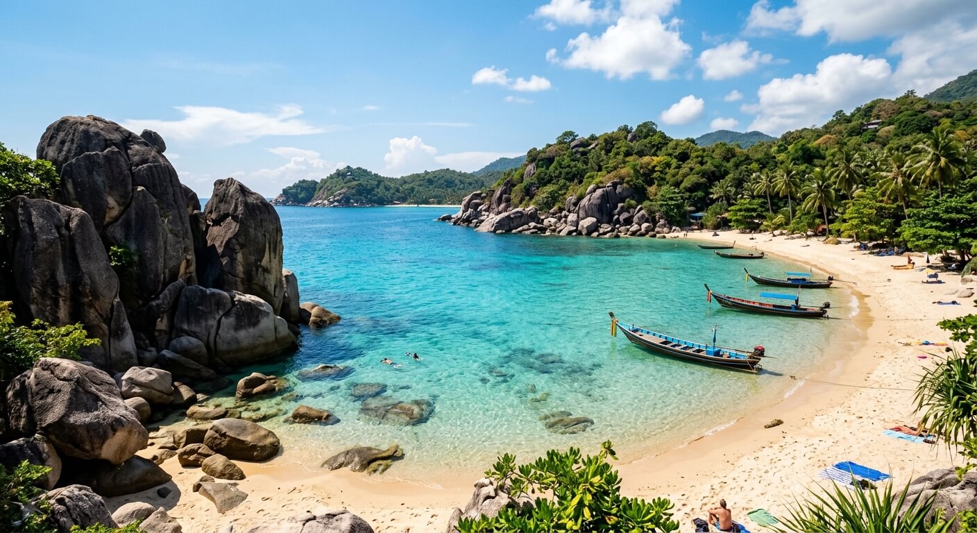 Plage tropicale de Koh Tao avec ses rochers de granit caractéristiques et ses eaux turquoise.