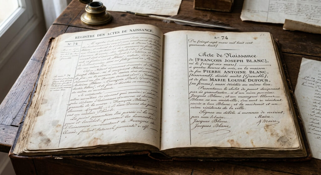 Fils de feu : signification en généalogie et dans les actes anciens 4 Registre d'état civil du XIXe siècle ouvert sur une page d'acte de naissance comportant la mention fils de feu et feue pour les deux parents décédés