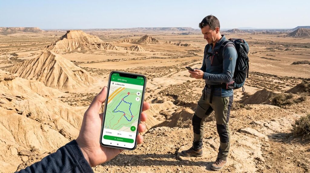 Randonneur consultant une application GPS de randonnée pour s'orienter dans la zone de la Blanca Alta.