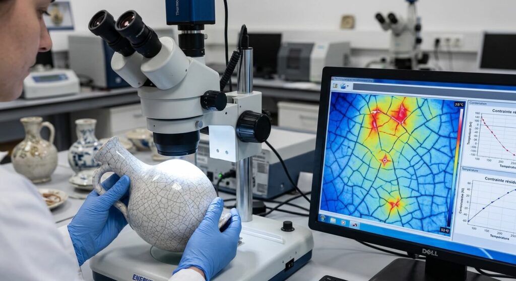 Examen thermomécanique du réseau de microfissures sur l'émail stannifère d'une carafe d'époque