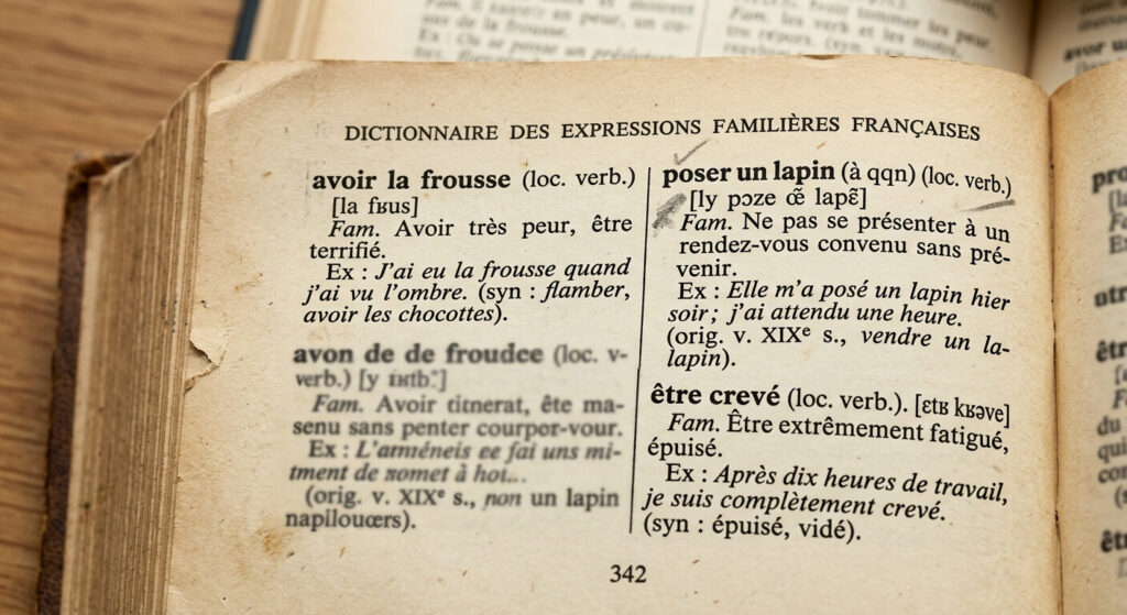 Gros plan sur une page de dictionnaire expliquant des expressions familières françaises.