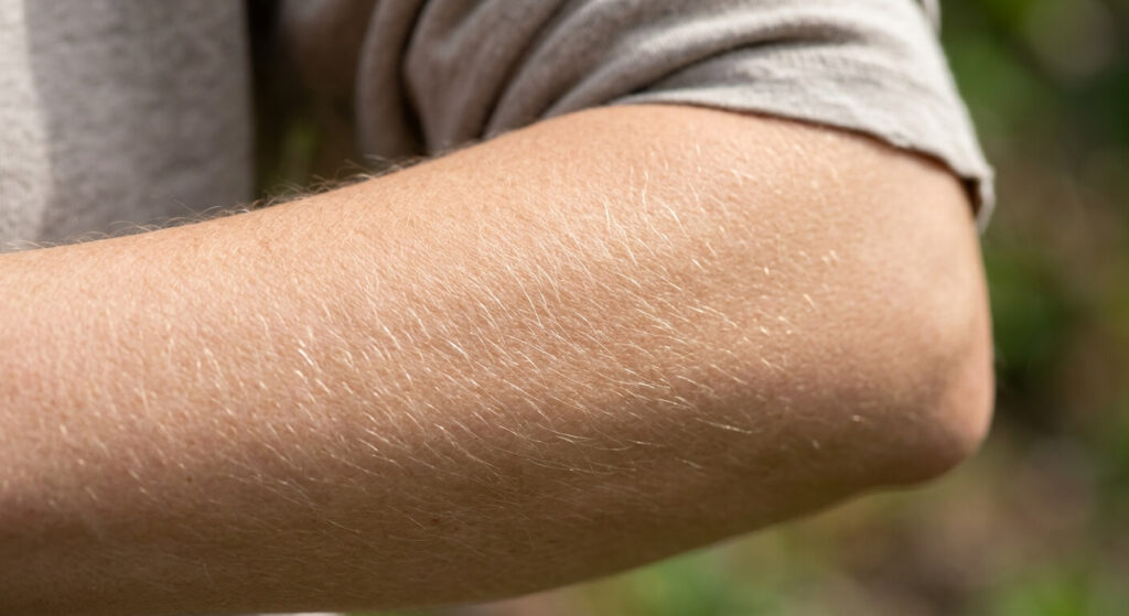 Gros plan sur le duvet blond naturel et fin présent sur l'avant-bras d'une femme