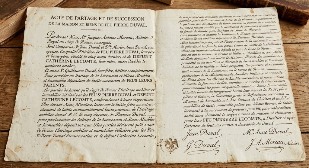 Fils de feu : signification en généalogie et dans les actes anciens 3 Document notarié manuscrit du XVIIIe siècle avec les termes feu et défunt pour désigner des parents décédés dans un acte de succession