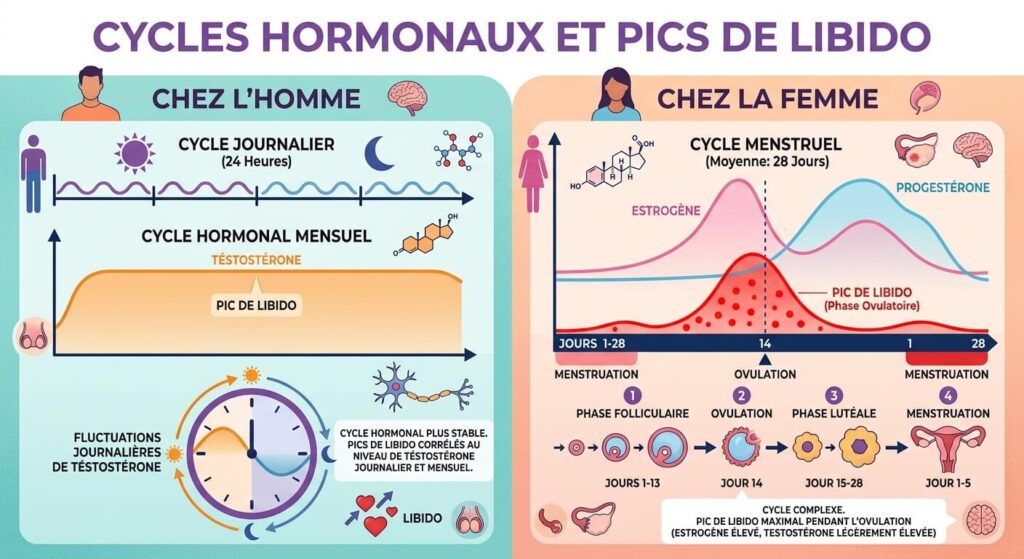Comment gérer quand mon mari est trop demandeur sexuellement ? 3 Illustration des cycles hormonaux et des pics de libido chez l'homme et la femme.