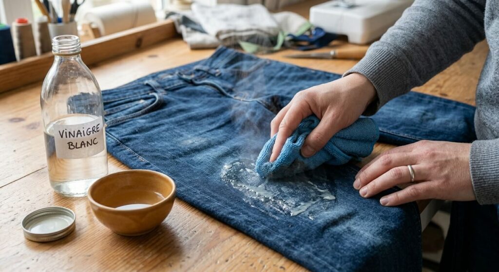 Application de vinaigre blanc chaud avec un chiffon en microfibre pour dissoudre les résidus de colle sur un jean