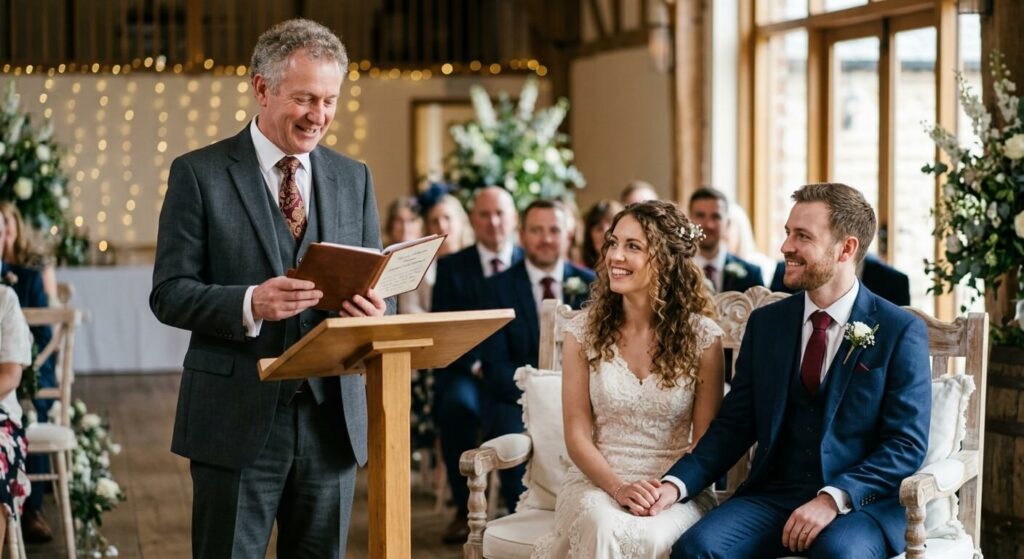 Officiant souriant lisant un discours personnalisé devant les futurs mariés assis