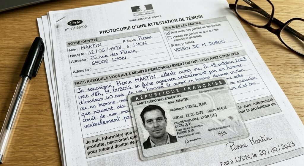 Photocopie d'une carte d'identité accompagnant un témoignage écrit pour authentification légale.