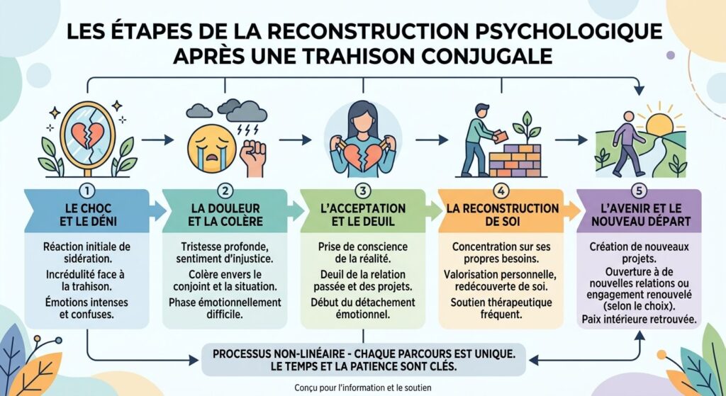 Schéma sur les étapes de la reconstruction psychologique après une trahison conjugale.