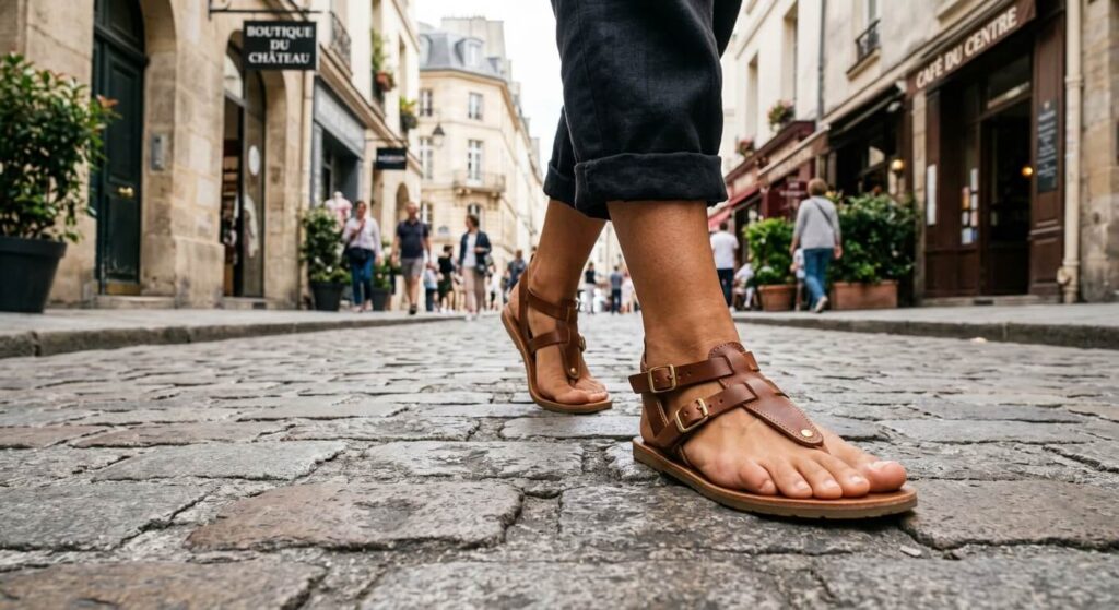 Gros plan sur des sandales barefoot stylées offrant un espace large pour les orteils lors d'une promenade en ville.