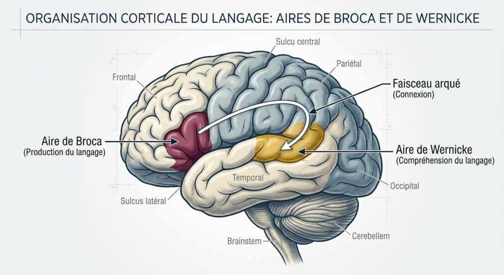 Illustration anatomique des zones du langage de Broca et de Wernicke dans le cerveau humain