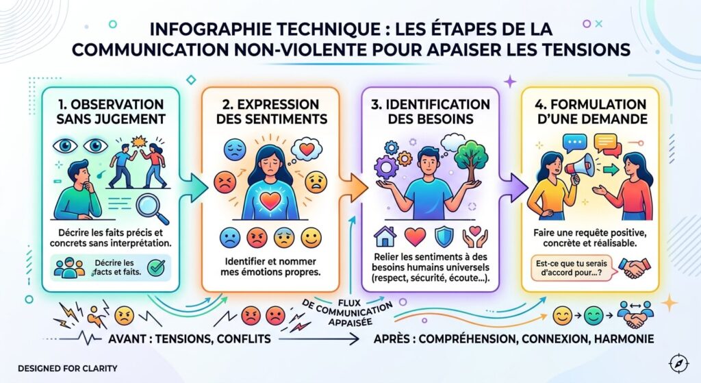 Infographie technique sur les étapes de la communication non-violente pour apaiser les tensions.