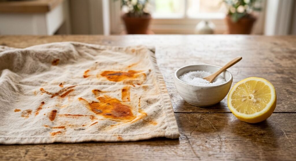 Moitié de citron jaune et coupelle de sel fin posés à côté d'un tissu taché par la rouille