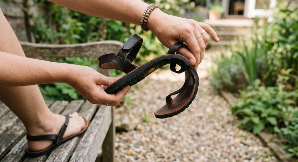 Une main pliant la semelle ultra-flexible d'une sandale barefoot pour montrer l'absence de drop et de contrainte.