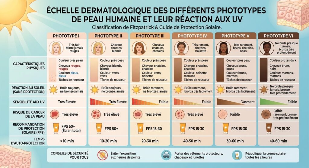 Échelle dermatologique des différents phototypes de peau humaine et leur réaction aux UV