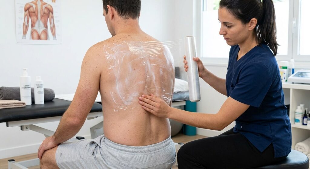 Comment se mettre de la creme dans le dos seul ? 3 Démonstration technique de la méthode du film étirable pour appliquer uniformément une lotion sur la zone interscapulaire.