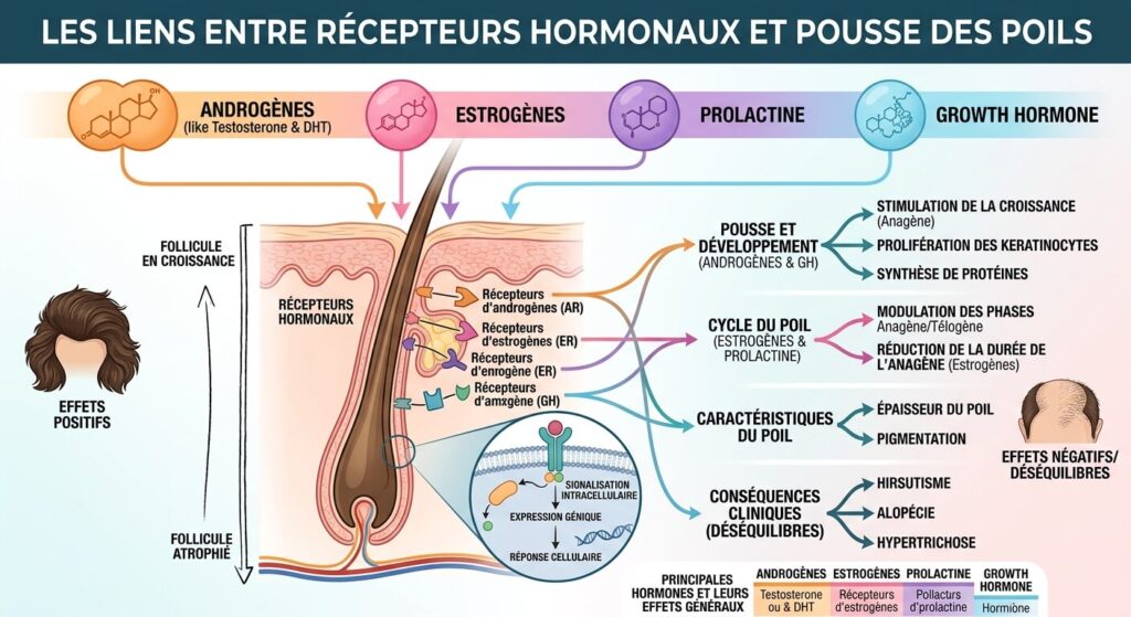 Infographie montrant les liens entre récepteurs hormonaux et pousse des poils.