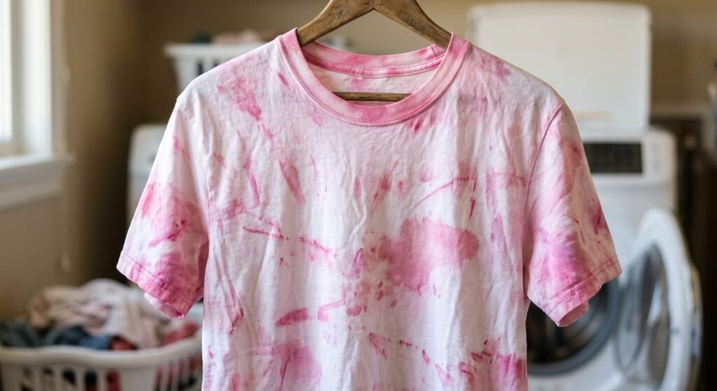 Vêtement blanc déteint en rose : comment le rattraper efficacement ? 2 Un t-shirt en coton blanc présentant des traînées roses après un passage accidentel en machine avec du linge rouge.