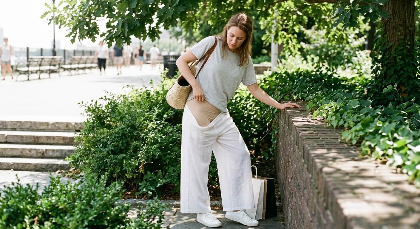 Une femme ajustant un fond de robe short invisible sous un pantalon d'été fluide et transparent.