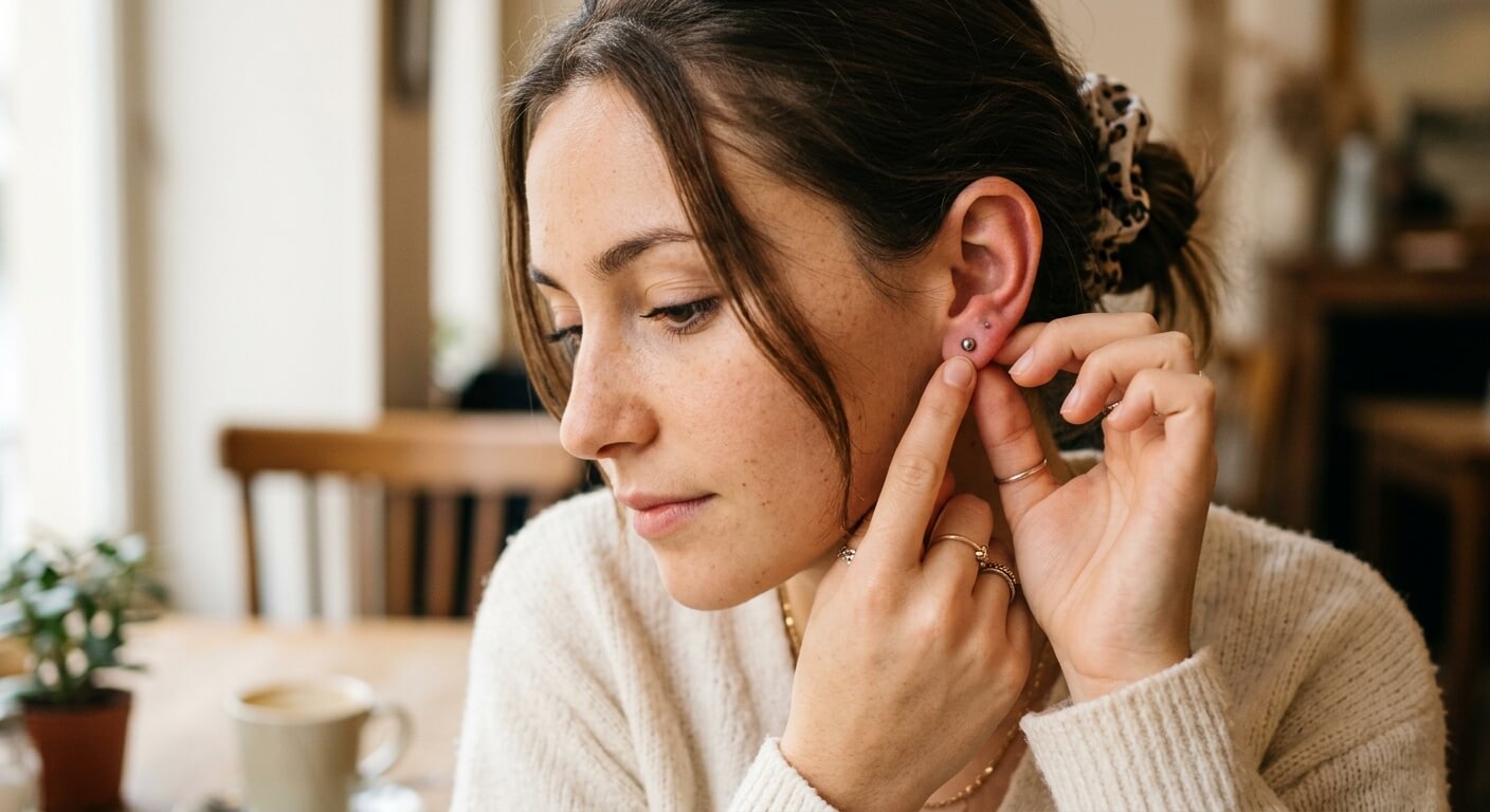 Une jeune femme touchant délicatement sa boucle d'oreille médicale en acier chirurgical après un perçage récent.