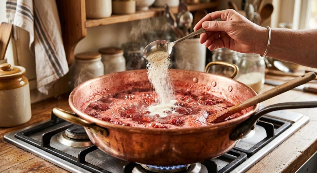 Agar-agar dans la confiture : dosage, utilisation et erreurs à éviter 2 Une cuillère versant de la poudre d'agar-agar dans une bassine en cuivre remplie de confiture de fraises bouillante.