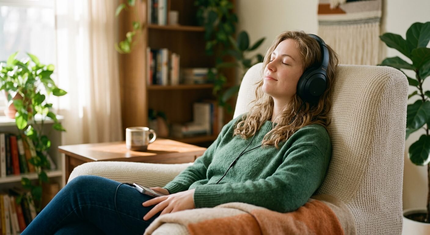 Une personne détendue fermant les yeux en écoutant de la musique avec un casque audio.