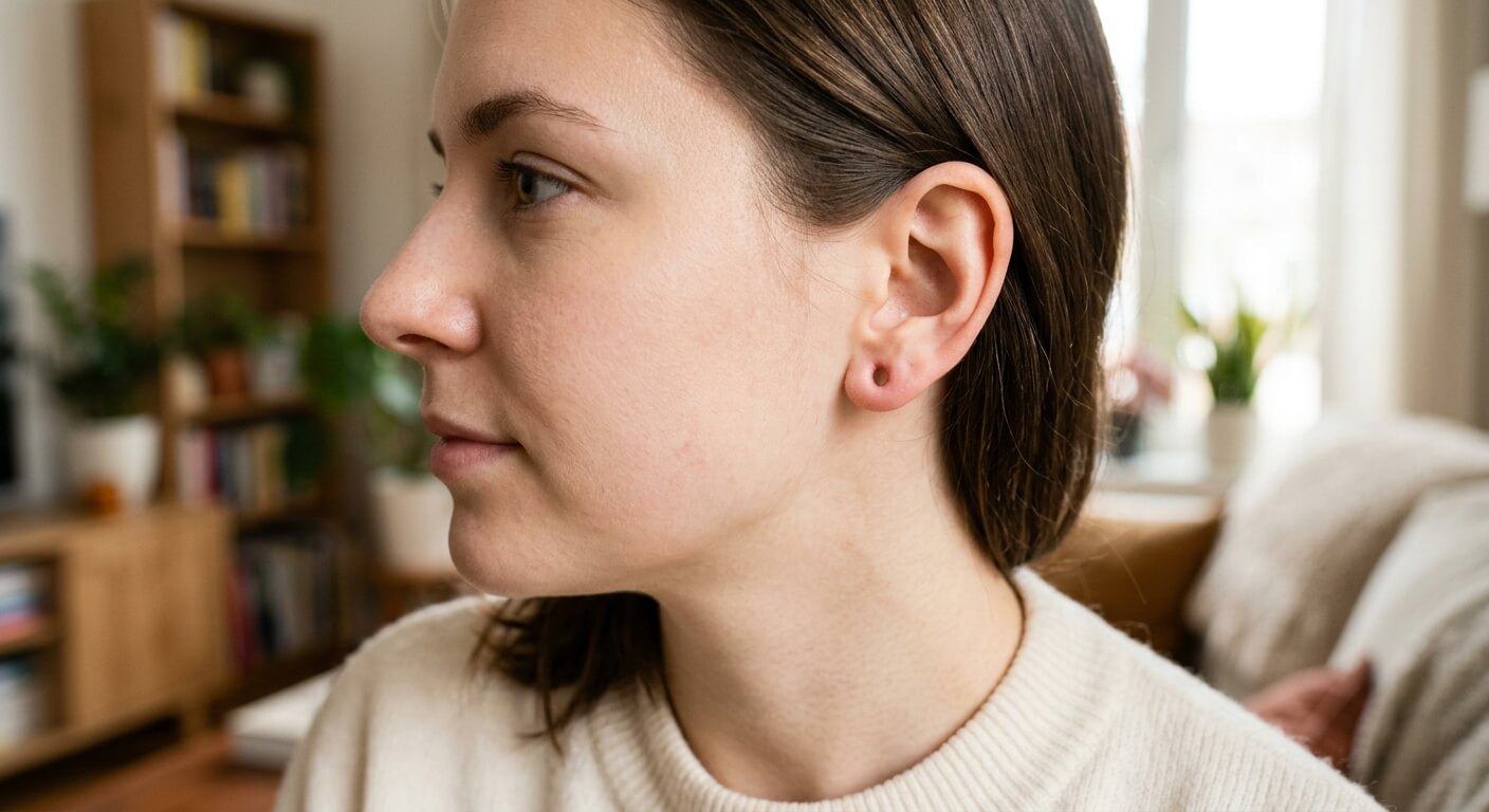 Le lobe d'oreille d'une femme sans bijou montrant un canal de perçage net.